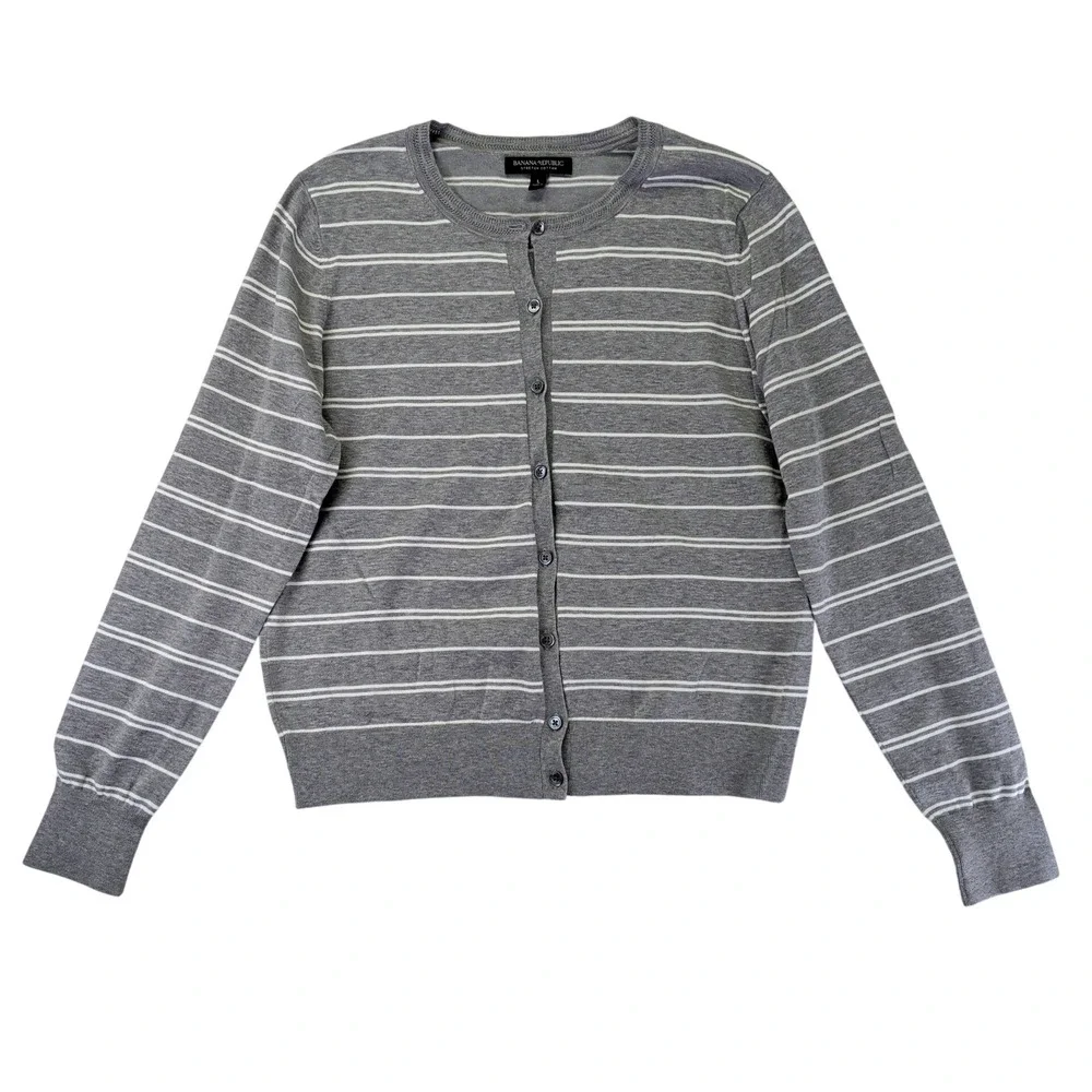 Banana Republic Womens Large Gray Striped Stretch Cotton Button Cardigan Sweater - Picture 1 of 9